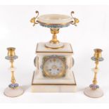 A onyx and champleve enamel clock garniture, 19th century, the 8.