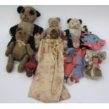 A 1940s West Indian puppet, length 60cm, five teddy bears and seven other toys including a clown.