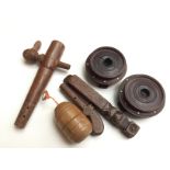 A treen knitting sheath, 19th century, a pair of Chinese vase stands and other treen items,