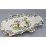 A Mason's patent ironstone china dish, decorated with a bird, vase of flowers and fruit, 28.3 x 18.