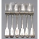 Six early Victorian fiddle pattern silver dessert forks, 9.6oz.