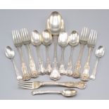 A part harlequin suite of William IV and later Queens pattern cutlery comprising a tablespoon,