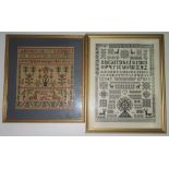 A framed sampler, inscribed 'Give us courage, Gaiety, And a Quiet Mind',