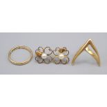An 18ct gold wishbone ring 3.8g, a 9ct gold band and a pair of gold and pearl earrings 4g.