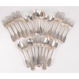 A collection of silver Victorian plain fiddle pattern cutlery comprising eleven dessert forks,