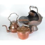 A copper coal scuttle and shovel, 19th century, with glass handles, height 44cm, length 52cm,