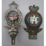The Royal Automobile Club badge, height 18cm and an RAC Motor Sport Member badge, height 15.3cm.