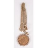 A Victorian full sovereign,1880, very fine in gold loose mount as a pendant on gold chain, 14g.