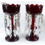A pair of Victorian ruby glass lustres, height 34cm.