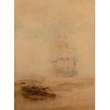 A watercolour of a Dutch warship emerging from the mist, Circle of TB Hardy, signed, 72 x 53cm.