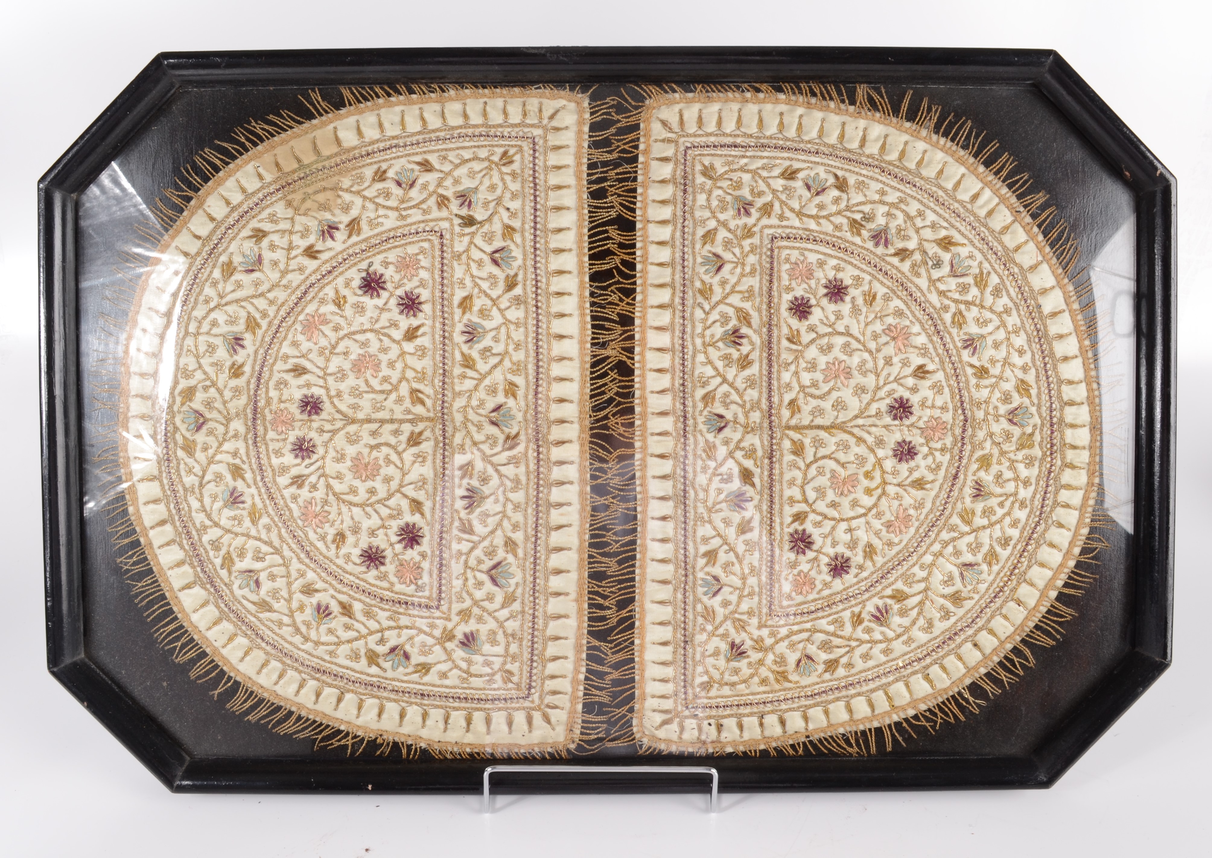 A pair of Indian gold metal thread embroidered panels, each decorated with meandering vines,