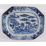 A Chinese blue and white octagonal dish, 18th century, decorated with bamboo and flowers,