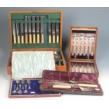 An oak cased canteen of silver plated cutlery and three other cases of flatware.