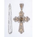 A large silver marcasite and stone set cross, together with a paste set necklace.