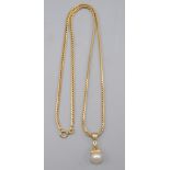 A 14ct gold curb link chain with pendant diamond set pearl drop 12.6g.