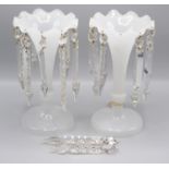 A pair of Victorian milk glass lustres, height 26cm, width 13.5cm.