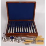 A set of silver plated and mother of pearl handled knives and forks, in a mahogany case 25 x 34cm,