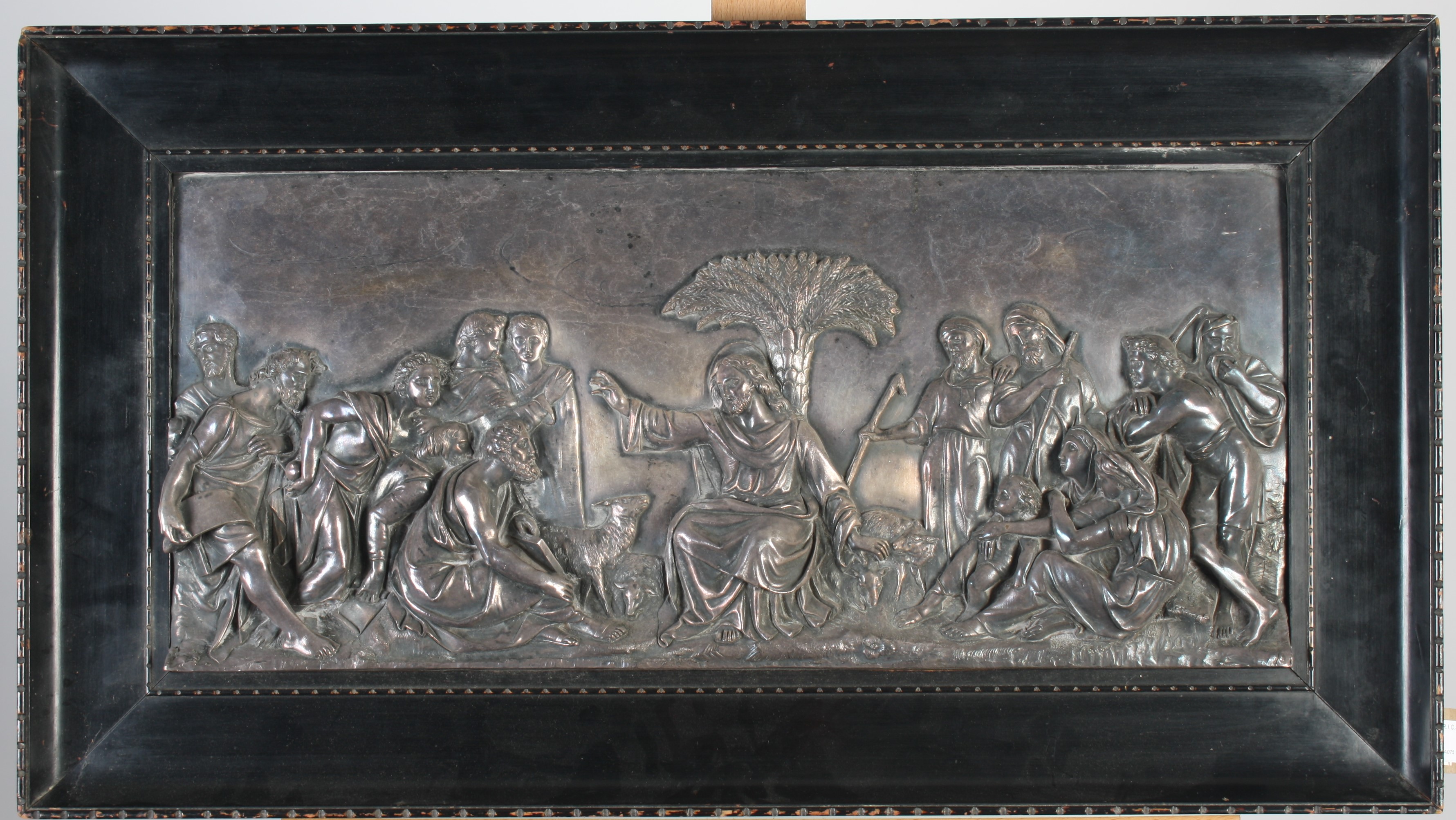 An early Victorian electrotype silver plated panel of Christ preaching, in an ebonised frame, 41.