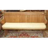 A Victorian pine church pew, height 92.5cm, length 153cm.