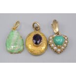 A 9ct gold heart pendant set turquoise and pearls,