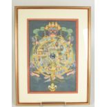 A Tibetan thanka depicting the wheel of life, surmounted by a mythical creature, framed and glazed,