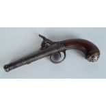 A Queen Anne canon barrelled pistol, converted to percussion, length 20.5cm.