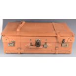 A pig skin suitcase with metal latches and locks, height 21.5cm, width 75.2cm, depth 45cm.