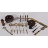 Miscellaneous including treen, six Japanese white metal teaspoons, Cornish serpentine ashtray,