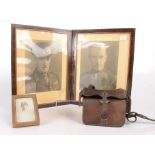 A soldier's silver plated sandwich box in brown leather case, width 13cm, and a framed photograph.