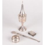 A 20th century Jewish silver spice tower, lacks flag finial, together with three other pieces.