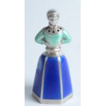 A Norwegian silver Jacob Tostrup blue and green enamel pepper in the form of a lady.