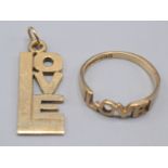 A 9ct gold love pendant and a 9ct gold love ring, 3.9g.