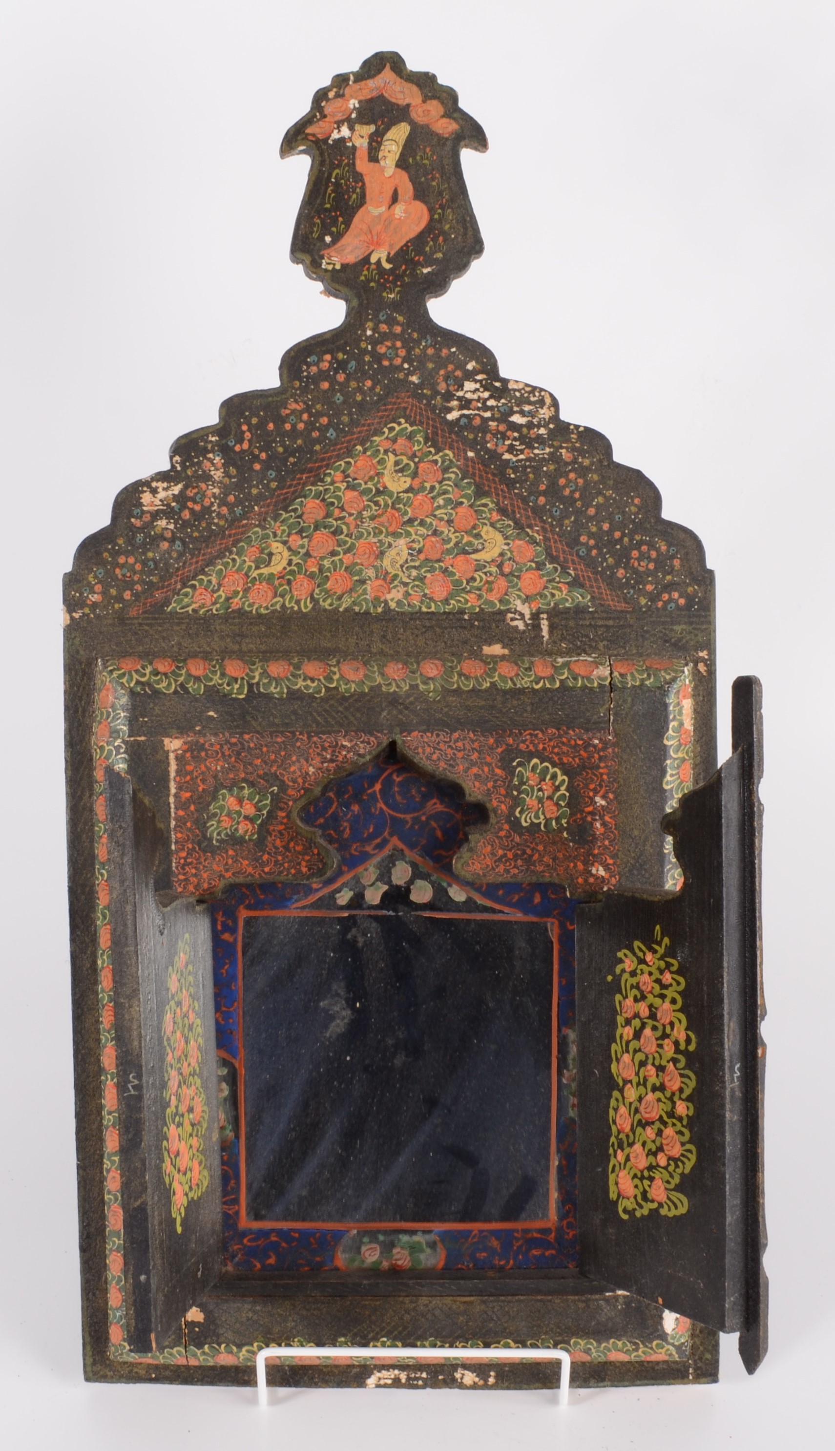 A Persian wall mirror, in a painted wood cabinet with a pair of doors decorated with figures, - Image 2 of 9
