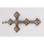 An Italian micromosaic set silver plated crucifix with six principle architectural views and small