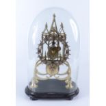 A triple spire, single train skeleton clock, 19th century, with four spoke wheels under glass dome,