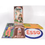 Five various tin plate advertising signs, including Brasso, 26 x 17.5cm, Camp Coffee, 36 x 16.