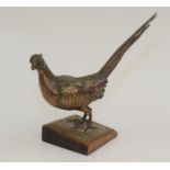 A bronze model of a pheasant, stamped with the letter B in a circle, on a wooden plinth base,