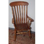 A Victorian beech and elm lathe back armchair, 19th century, impressed initials J.