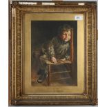 A watercolour of a seated boy, 19th century, in a decorative gilt frame, 50 x 41cm.
