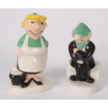 Wade porcelain salt and pepper pots, modelled as Andy Cap and Flo, heights 9cm and 10cm.