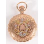 A 14ct four colour gold full hunter pocket watch the back with a central shell set with a diamond