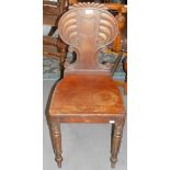 A Regency mahogany hall chair, with turned tapering supports, height 84cm.