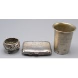 A Dutch silver beaker, an Indian silver salt and a silver cigarette case.