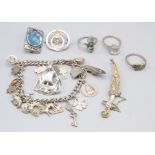 Silver jewellery including a moonstone ring.