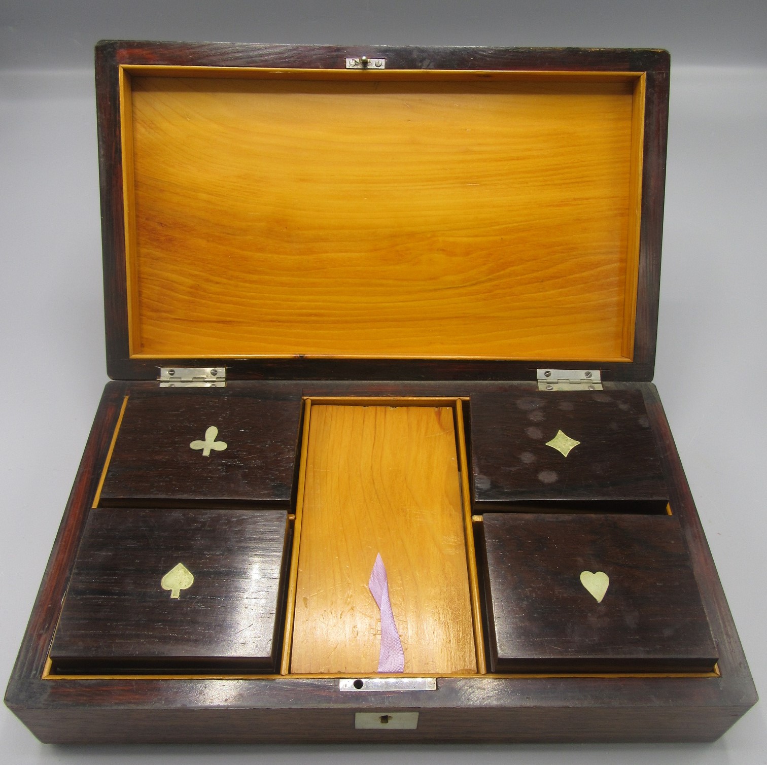 A rosewood and mother of pearl inlaid games box, early 20th century, - Image 2 of 4