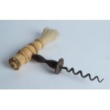 A Georgian Henshall type button corkscrew, with a turned bone handle and brush, length 16cm,