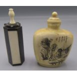 Two Chinese scent bottles, one carved with a man in a boat and calligraphy, height 7cm, width 5cm,
