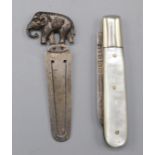 A Scottish silver bookmark with elephant finial, Glasgow 1930,