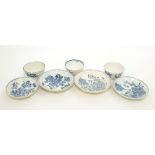 Four Worcester blue and white saucer dishes and three tea bowls, 18th century,
