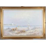 An oil on canvas of a Victorian beach scene in a gilt frame, indistinctly signed, 74.5 x 105.5cm.